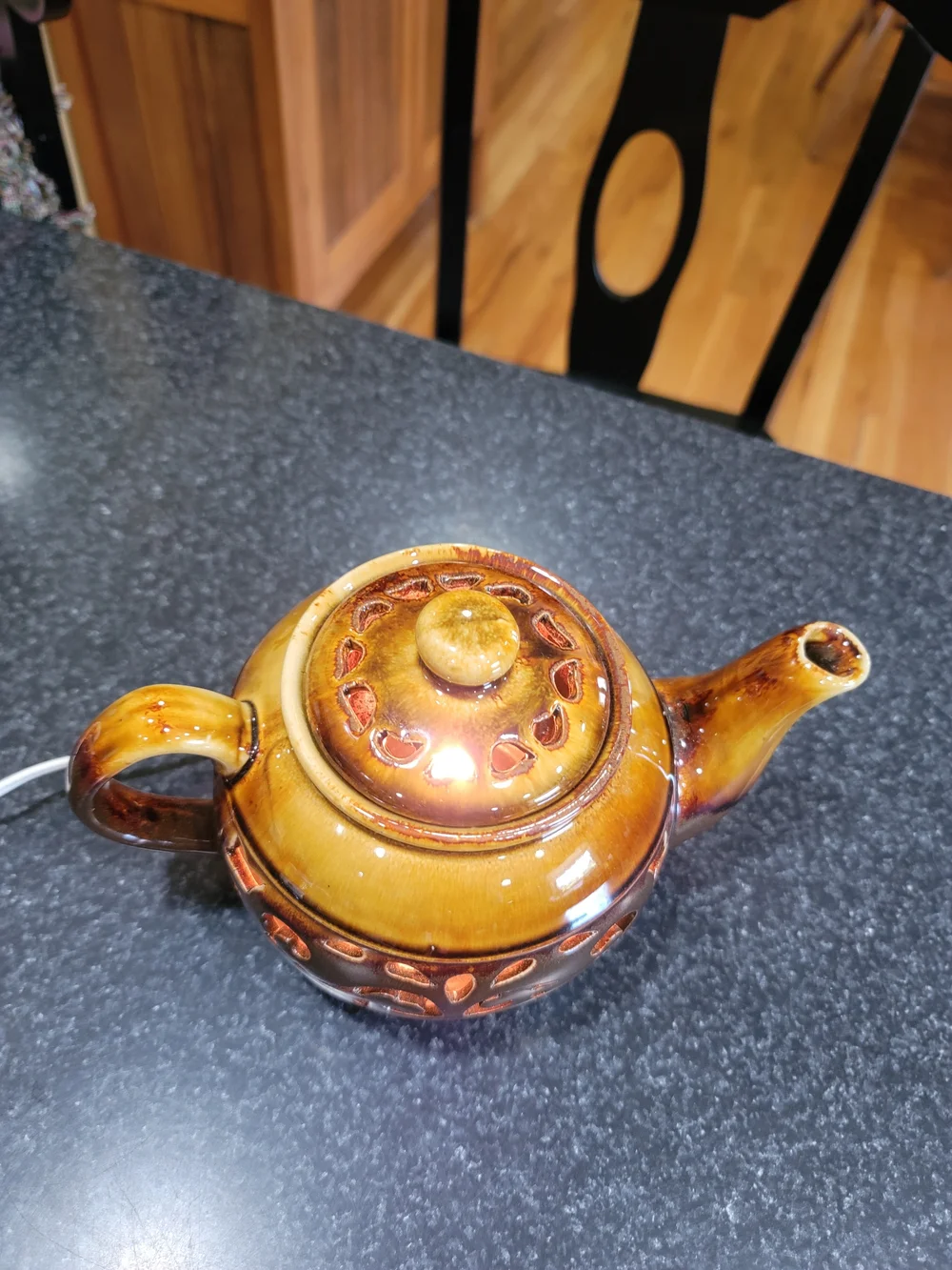 Decorative brown glazed ceramic teapot-shaped accent lamp or nightlight